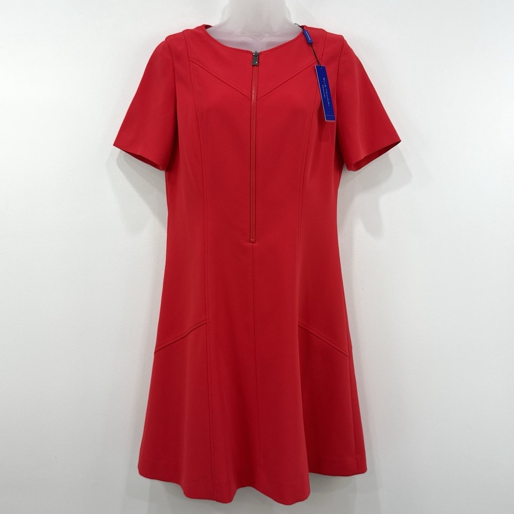 Elie Tahari Short Sleeve Flare Zip Dress 6 Red NWT Preppy Sophisticated Event